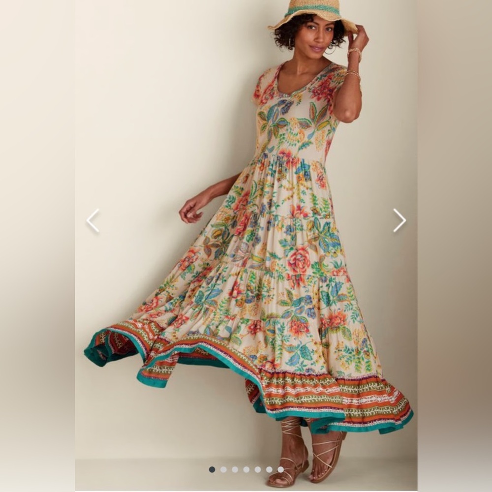Soft Surroundings Cream Maxi Dress with Blue and Orange Floral Print